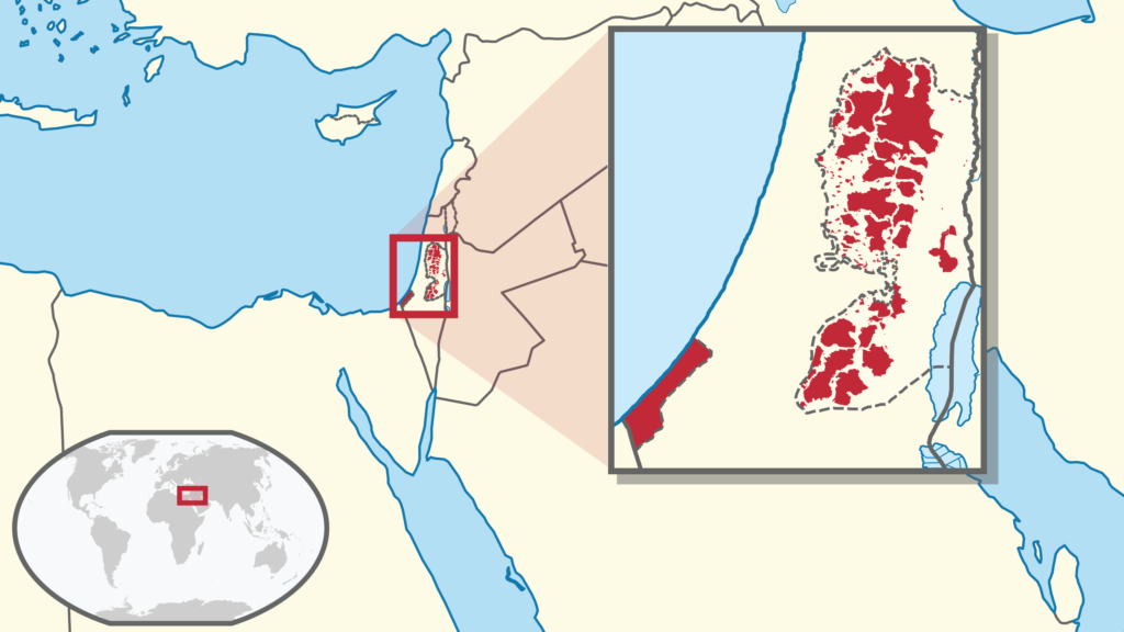 Carte de localisation de l'État de Palestine dans sa région.