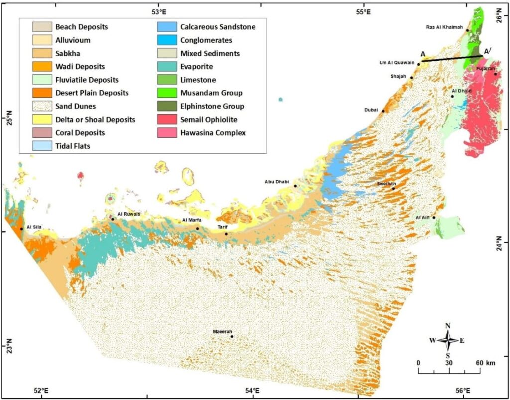 Carte géologique des Émirats arabes unis.