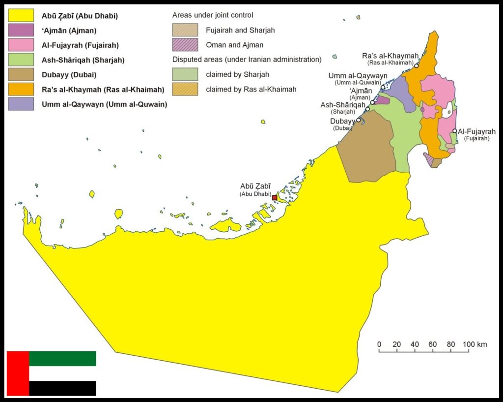 Carte des émirats des Émirats arabes unis.