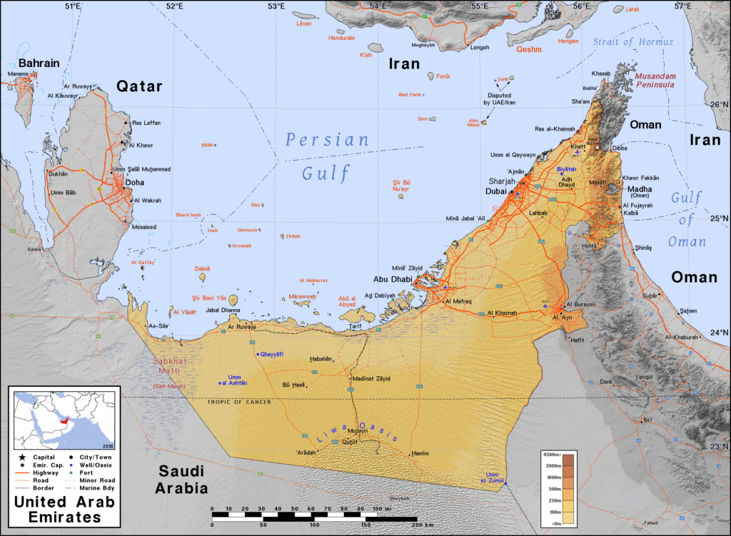 Carte physique des Émirats arabes unis.