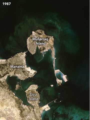 La ville de Manama et les îles de Muharraq et Sitra le 17 août 1987.