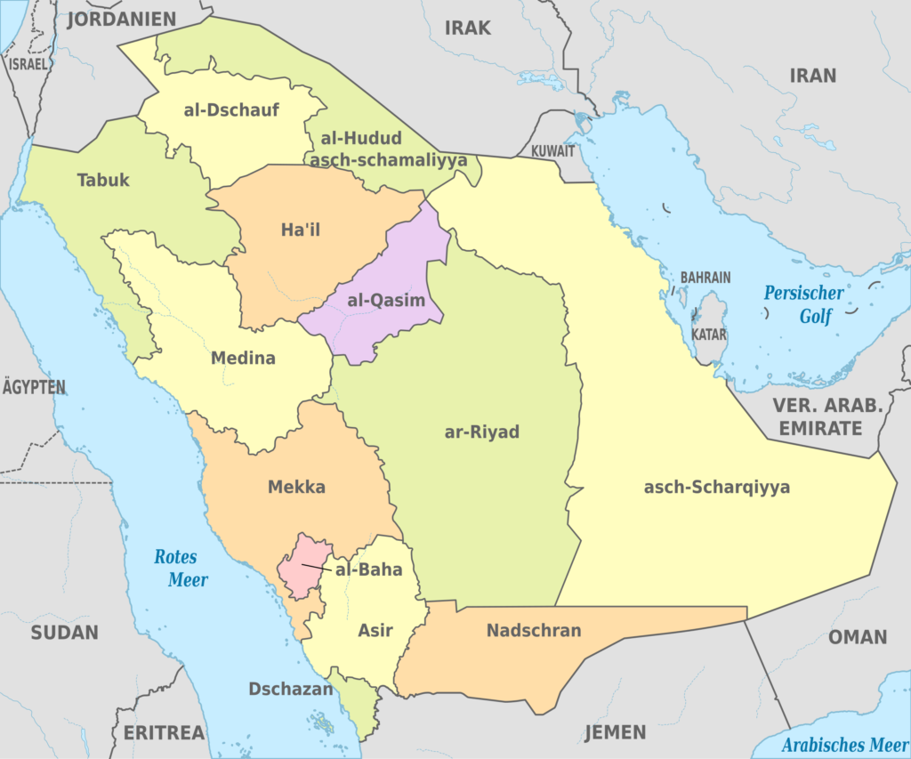 Carte des provinces de l'Arabie saoudite.