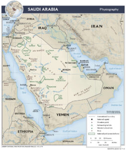 Carte en relief ombré de l'Arabie saoudite.