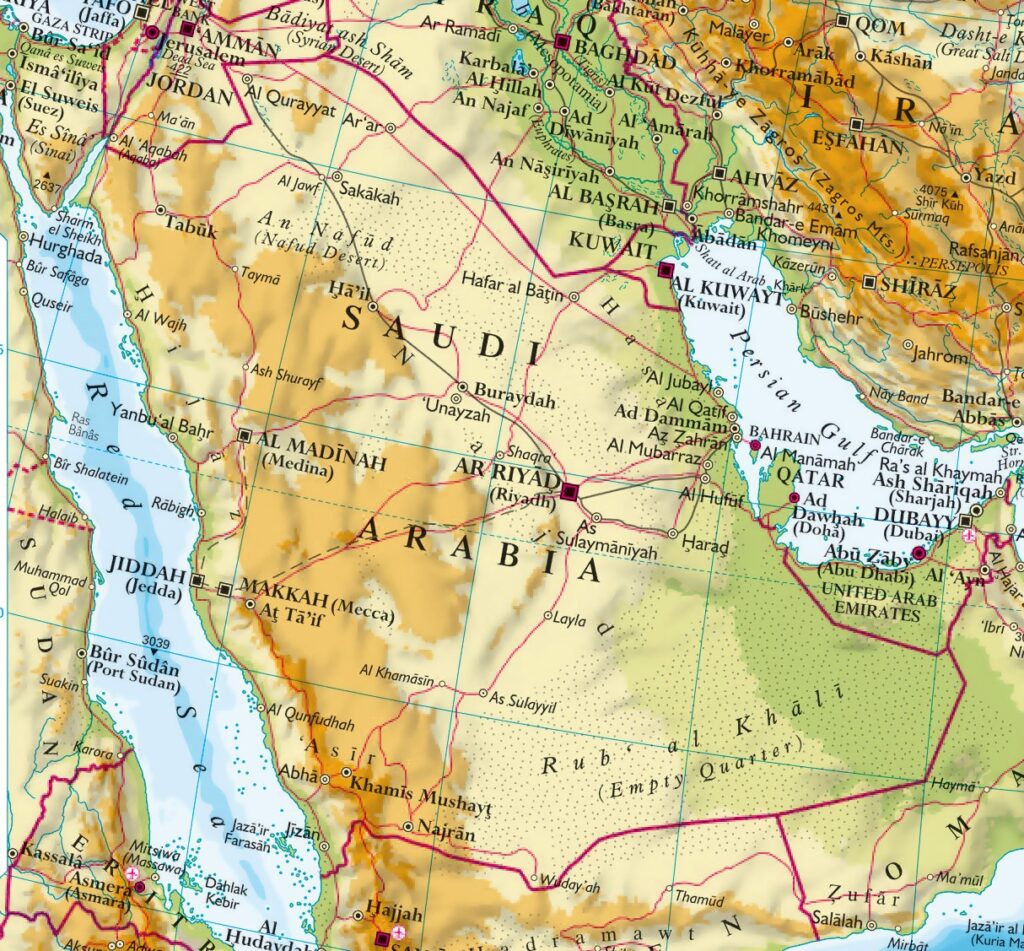 Carte physique de l'Arabie saoudite.