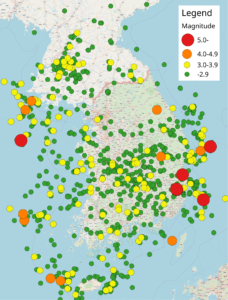 Carte de l'épicentre des séismes en Corée du Sud.