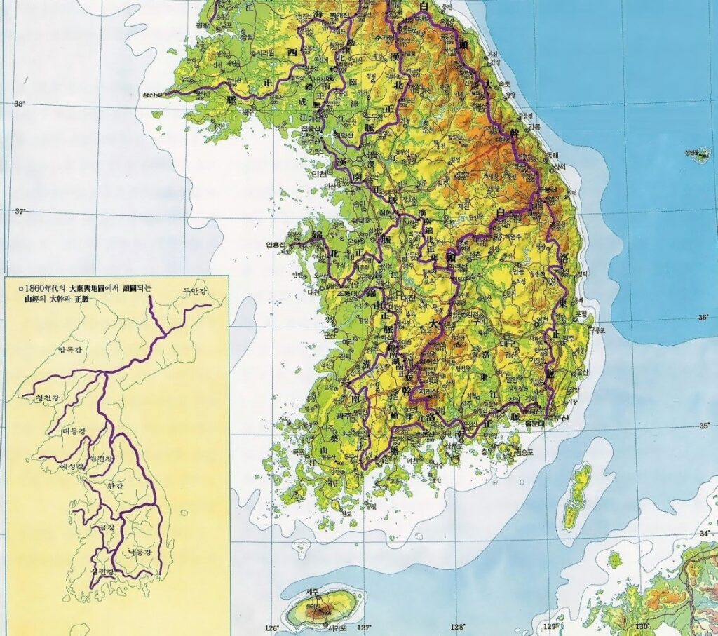 Carte physique de la Corée du Sud.