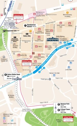 Carte du marché de Namdaemun et du mont Namsan, Séoul