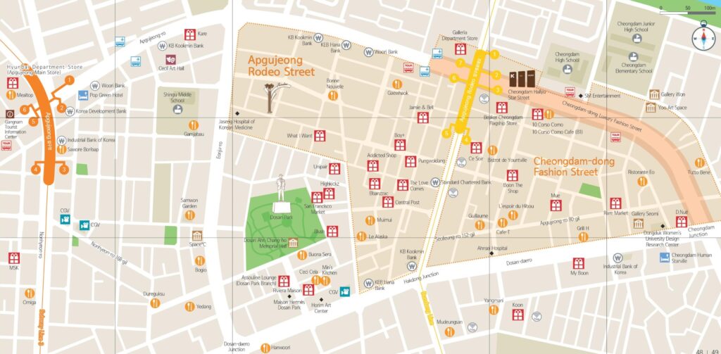 Carte des commerces d'Apgujeong-dong et Cheongdam-dong.