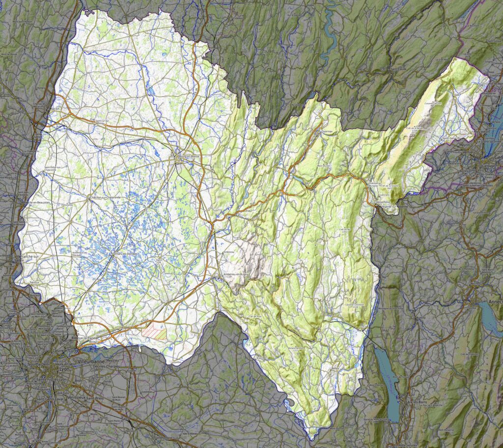 Carte physique du département de l'Ain.