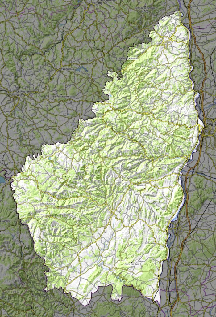 Carte physique du département de l'Ardèche.