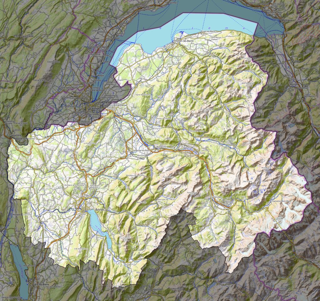 Carte physique du département de la Haute-Savoie.