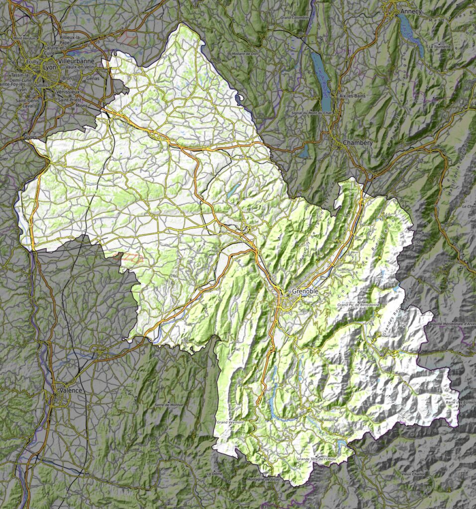 Carte physique du département de l'Isère.