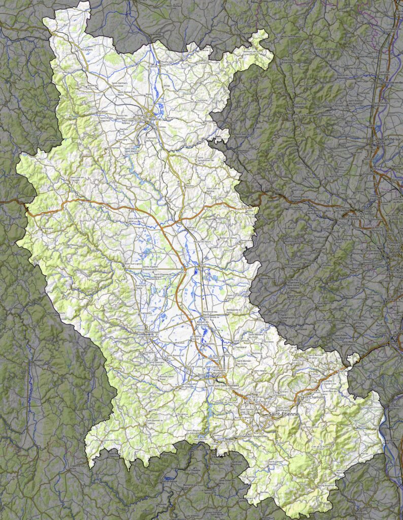 Carte physique du département de la Loire.