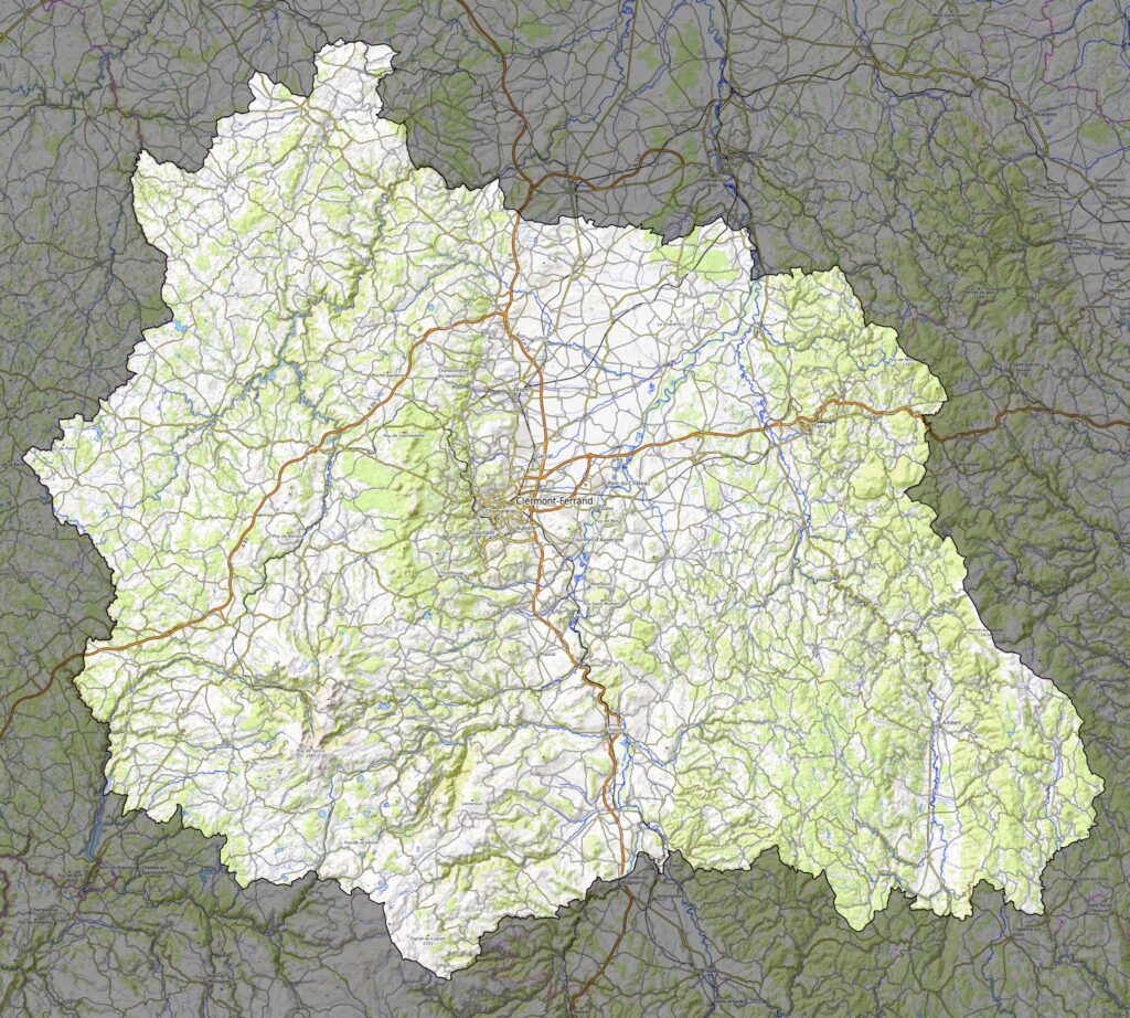 Carte physique du département du Puy-de-Dôme.