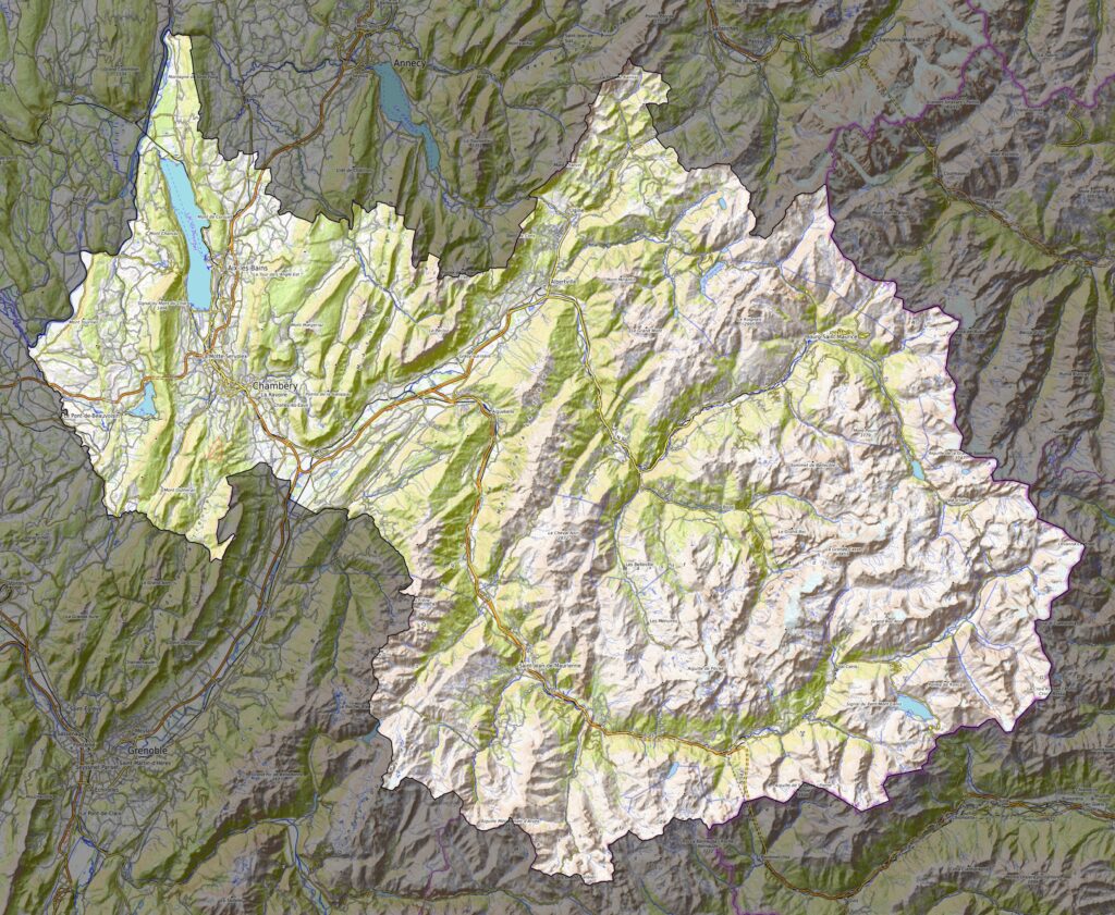 Carte physique du département de la Savoie.