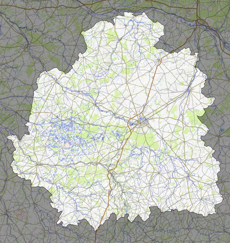 Carte physique du département de l'Indre.