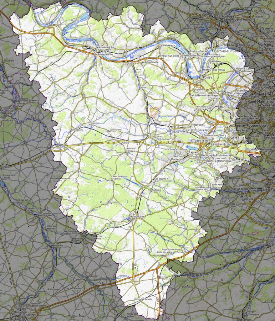 Carte physique du département des Yvelines.