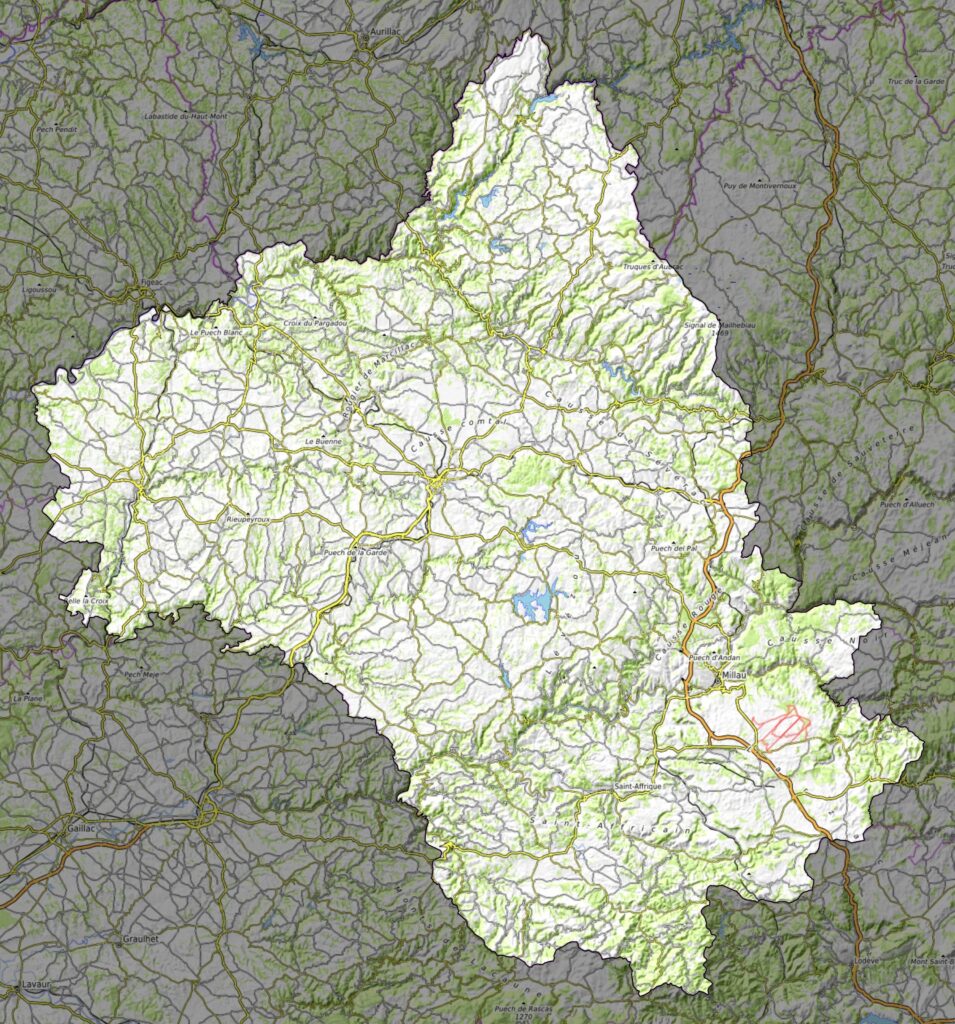 Carte physique du département de l’Aveyron.