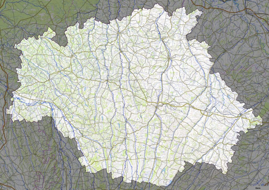 Carte physique du département du Gers.