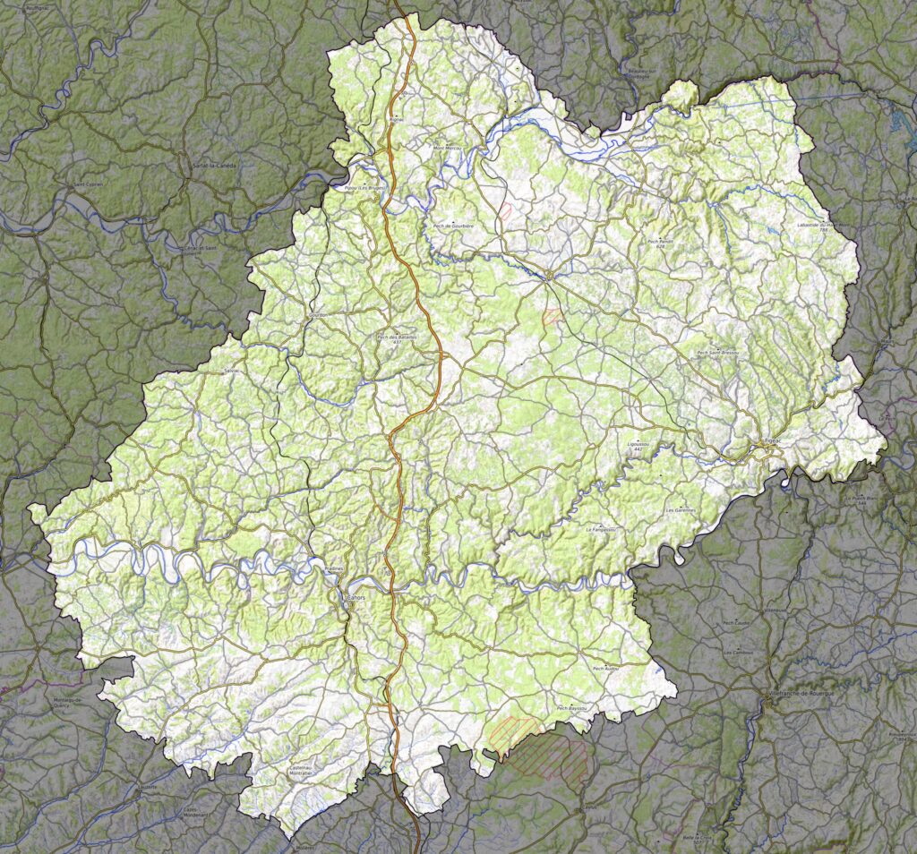 Carte physique du département du Lot.