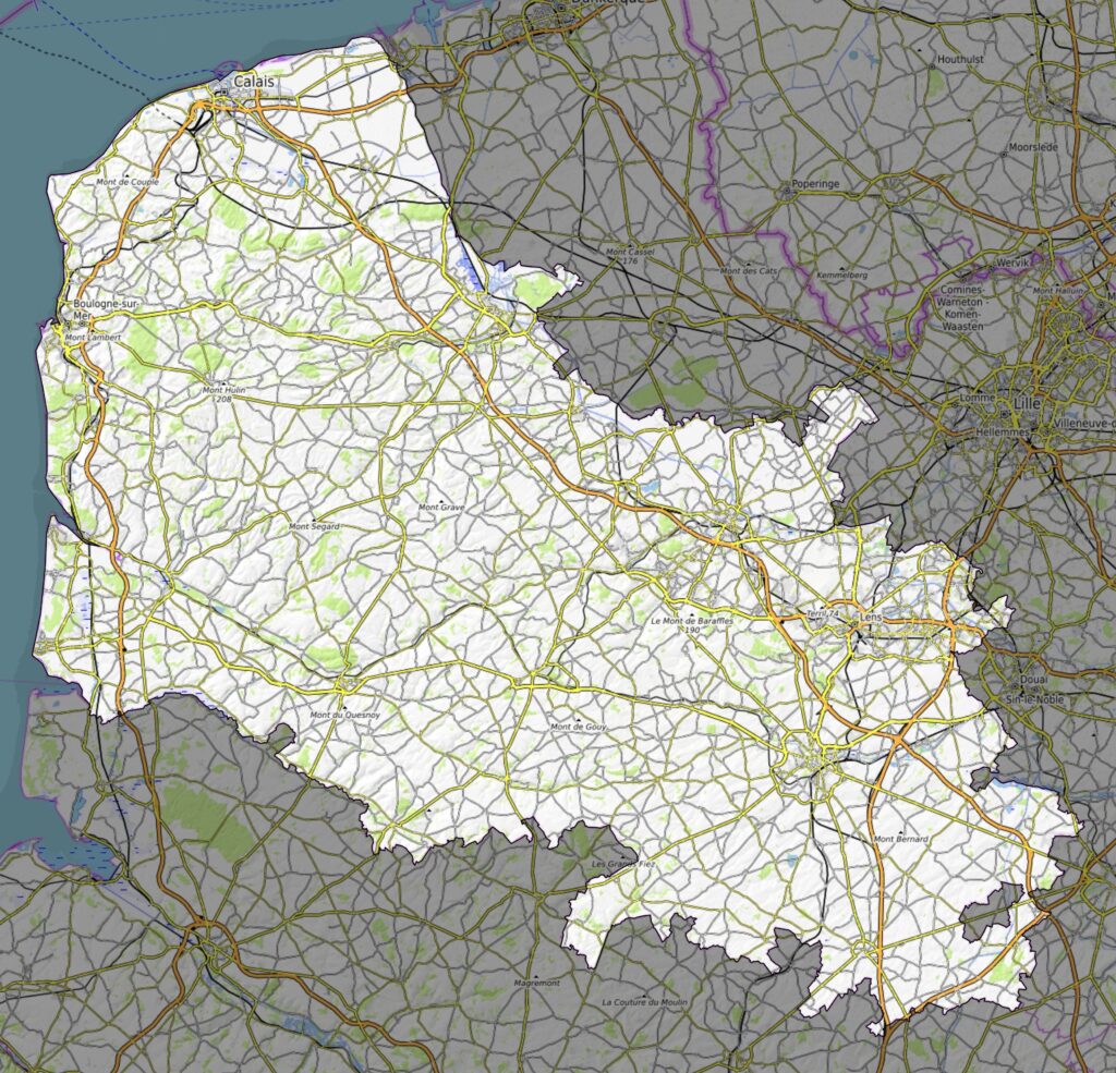 Carte physique du département du Pas-de-Calais.