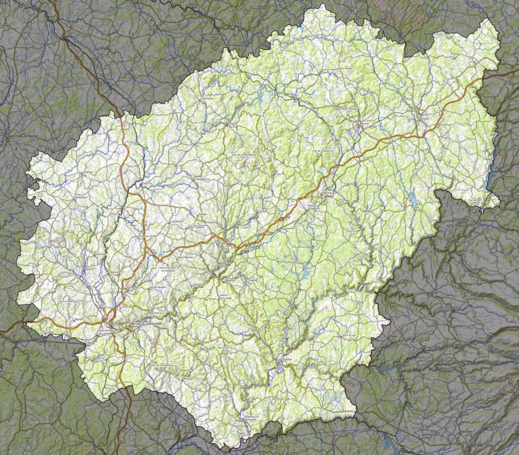 Carte physique du département de la Corrèze.