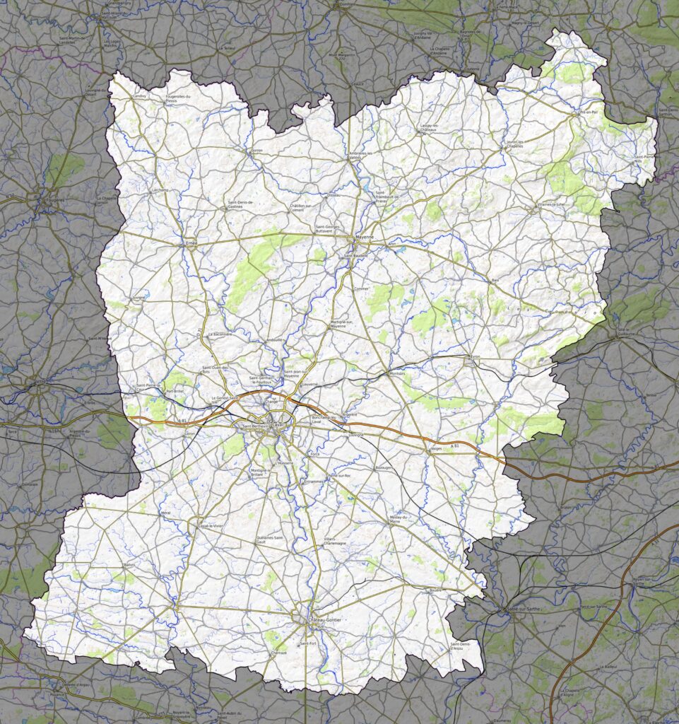 Carte physique du département de la Mayenne.