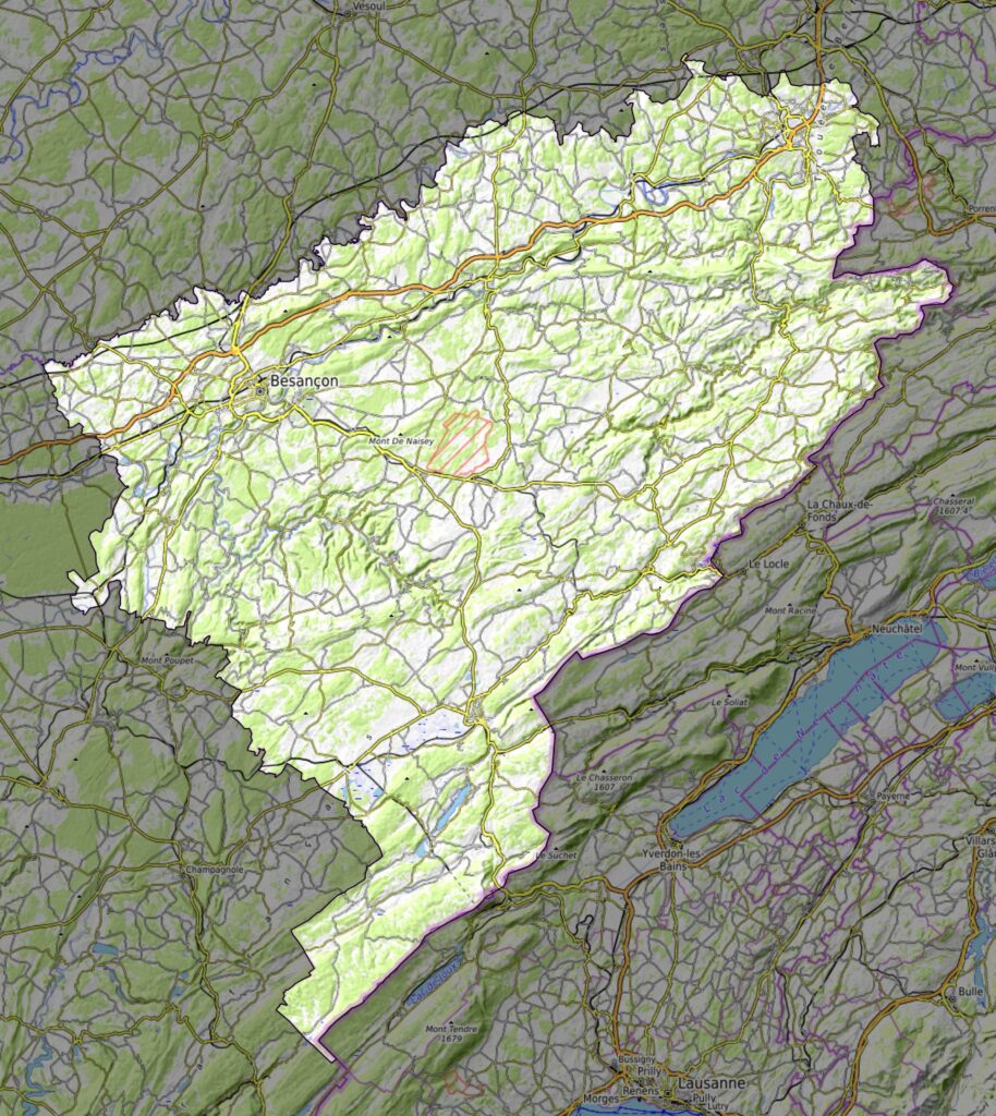 Carte physique du département du Doubs.