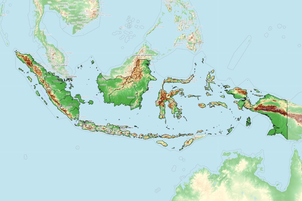 Carte physique de l'Indonésie.