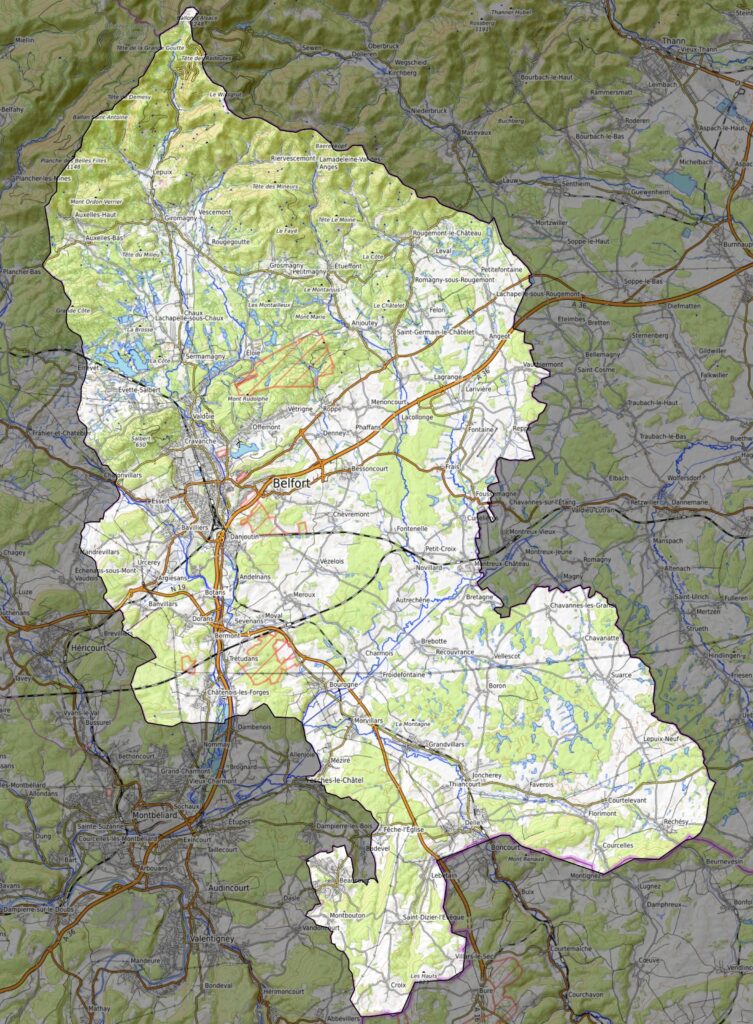 Carte physique du département du Territoire de Belfort.