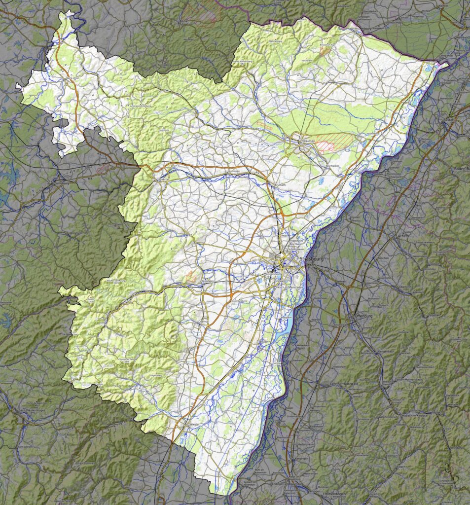 Carte physique du département du Bas-Rhin.