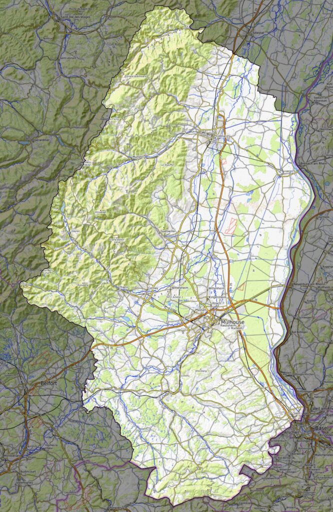 Carte physique du département du Haut-Rhin.