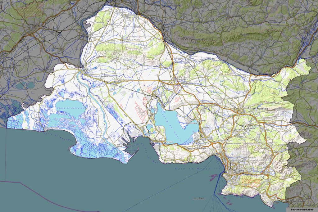 Carte physique du département des Bouches-du-Rhône.