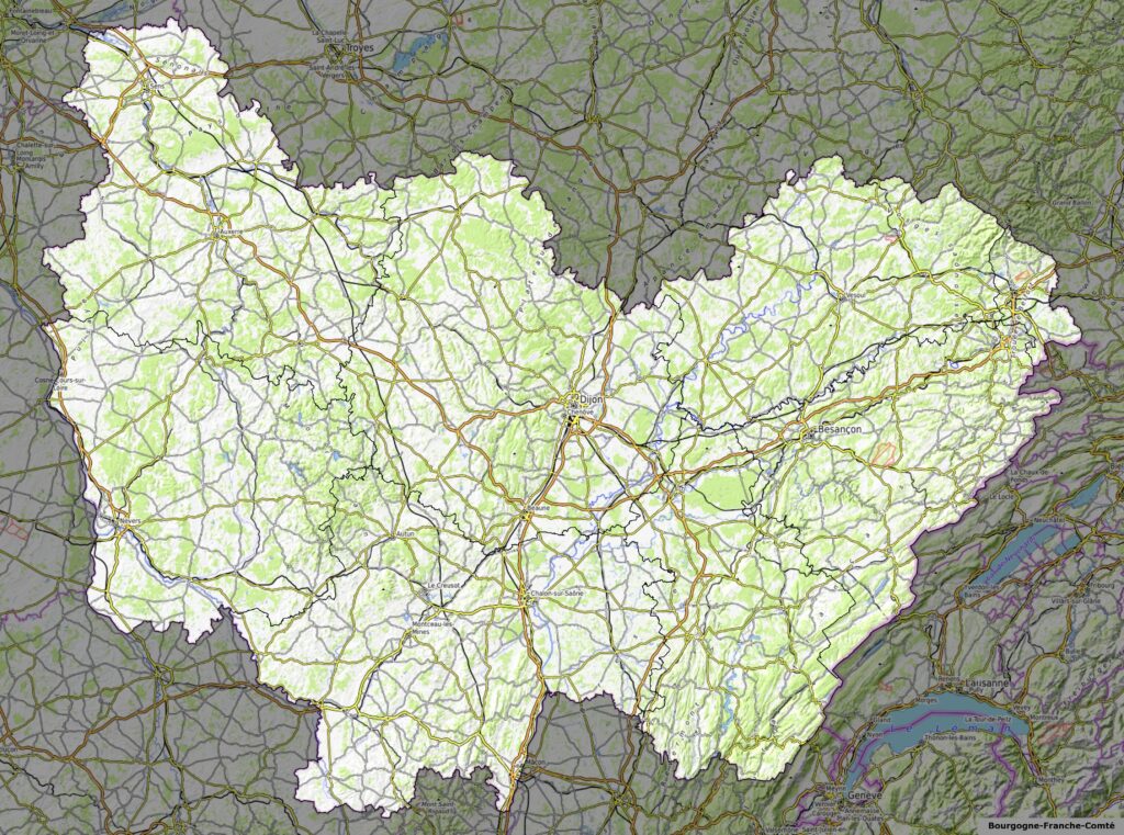 Carte physique de Bourgogne-Franche-Comté.