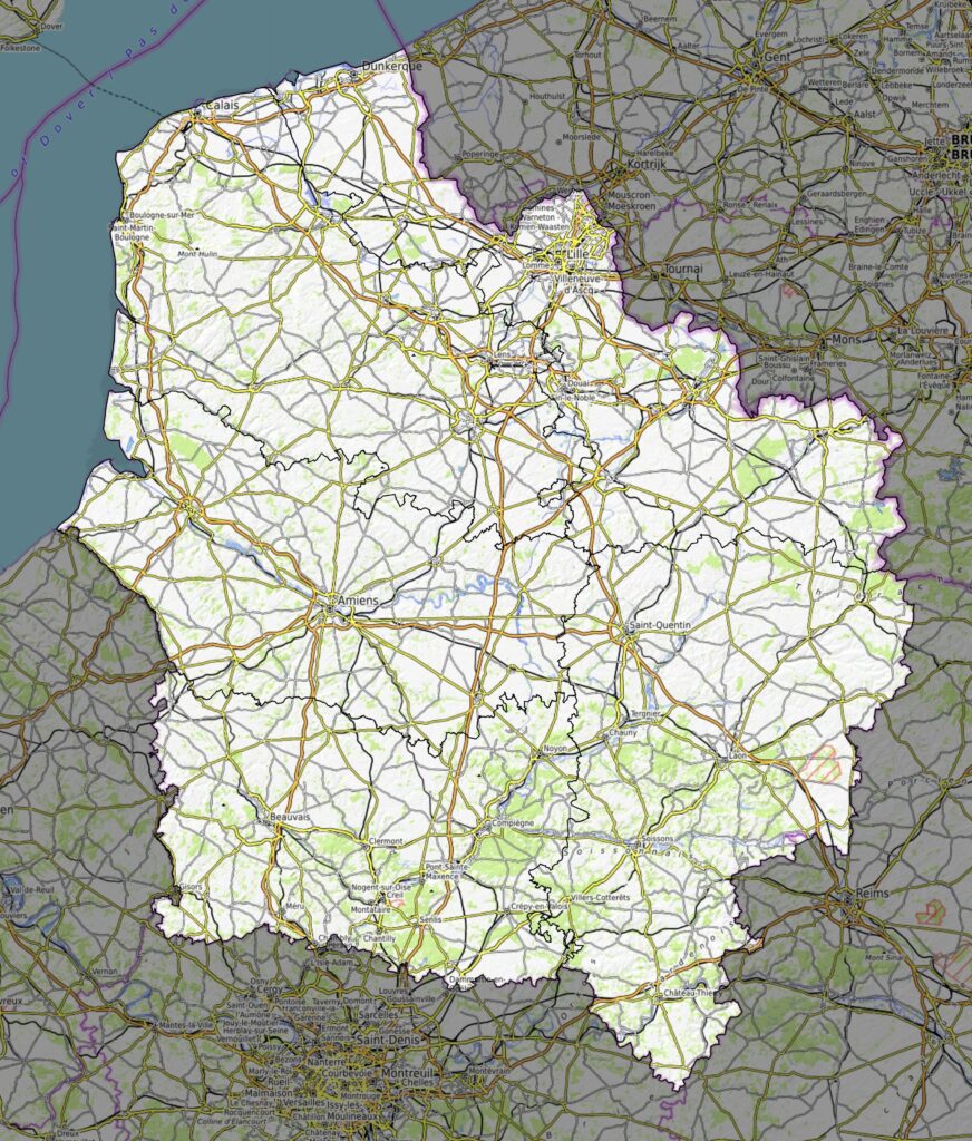 Carte physique des Hauts-de-France.