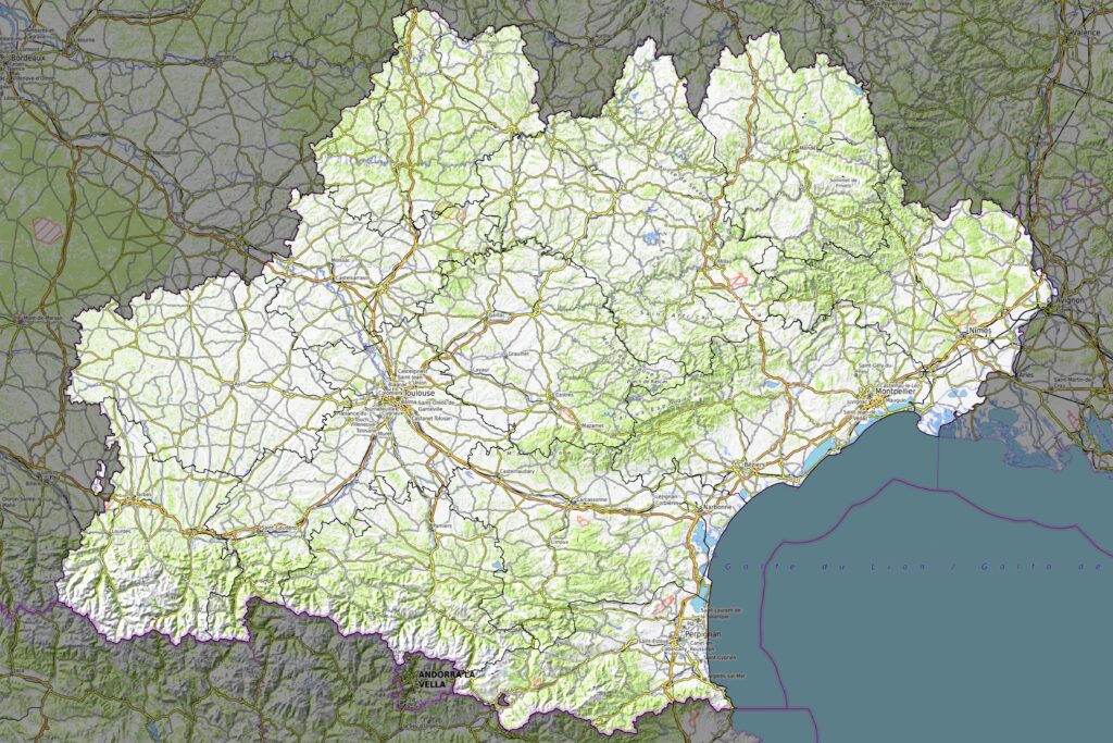 Carte physique d’Occitanie.