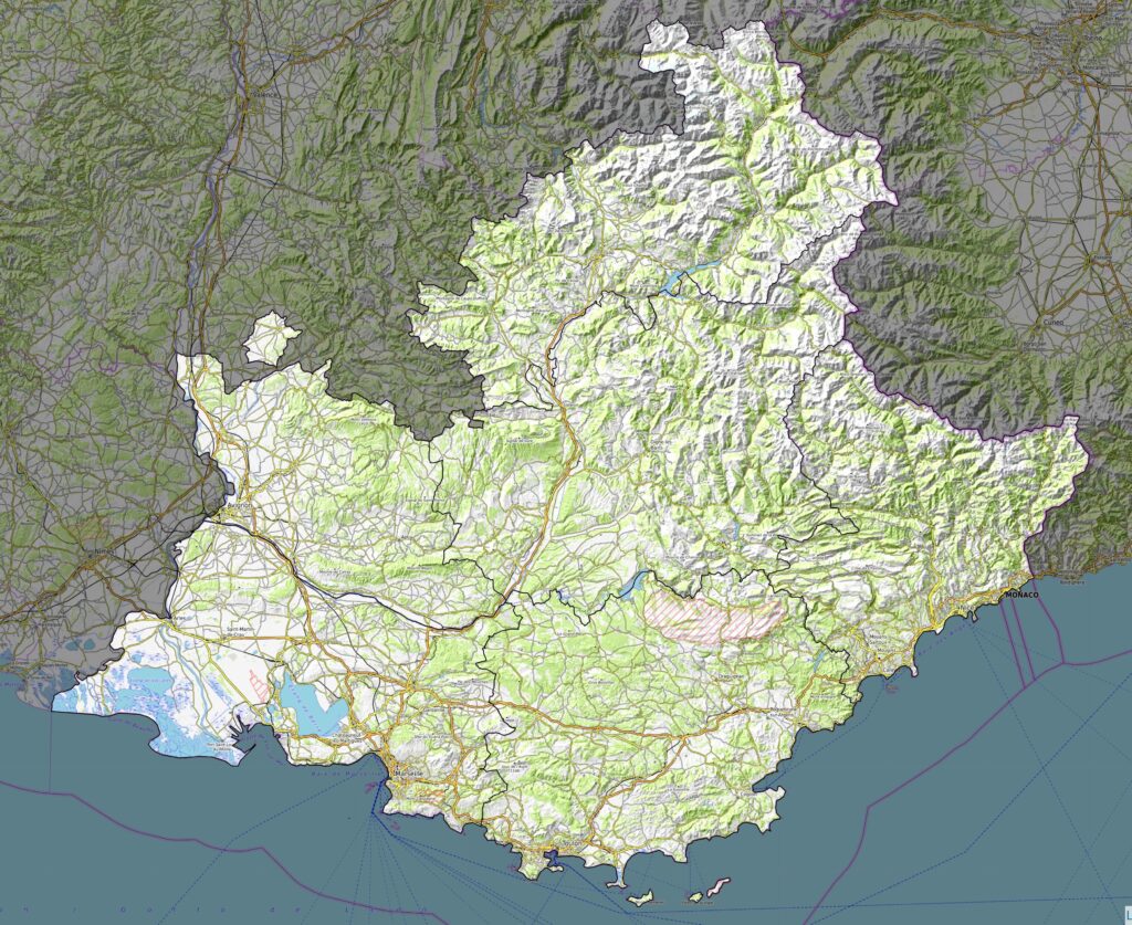 Carte physique de Provence-Alpes-Côte d’Azur.