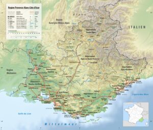 Carte topographique de Provence-Alpes-Côte d'Azur.