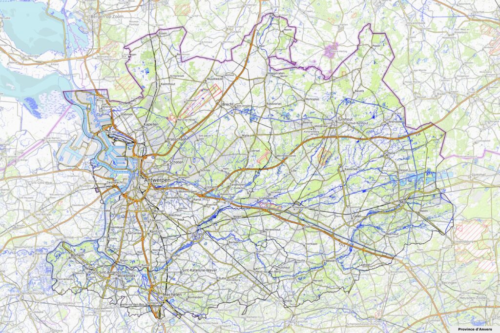 Carte physique de la province d'Anvers.