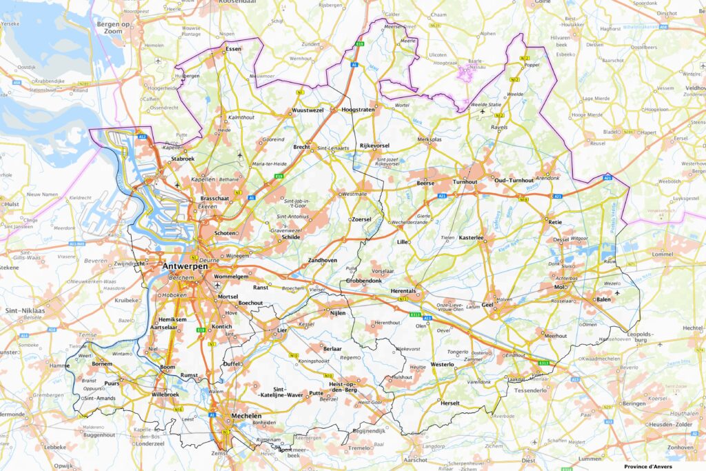 Carte routière de la province d'Anvers.