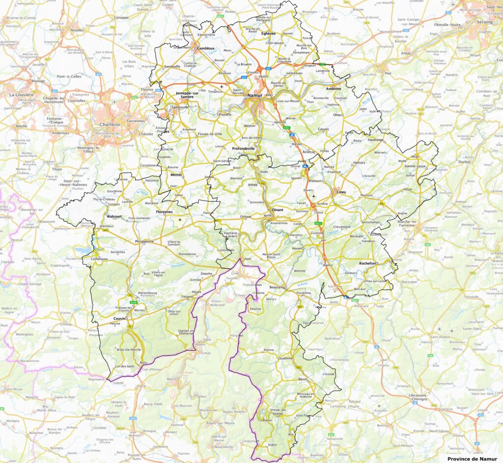 Carte routière de la province de Namur.