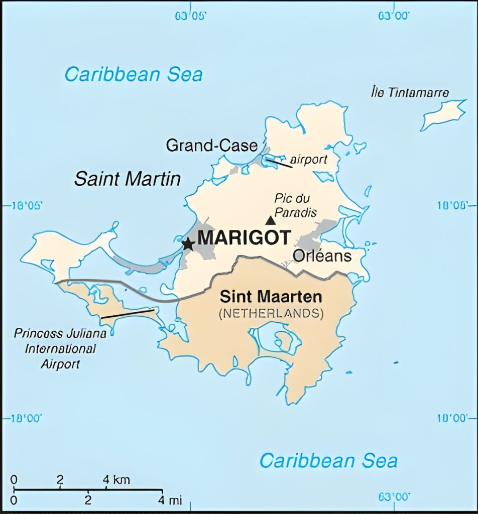 Carte de la collectivité d'outre-mer de Saint-Martin dans la mer des Caraïbes