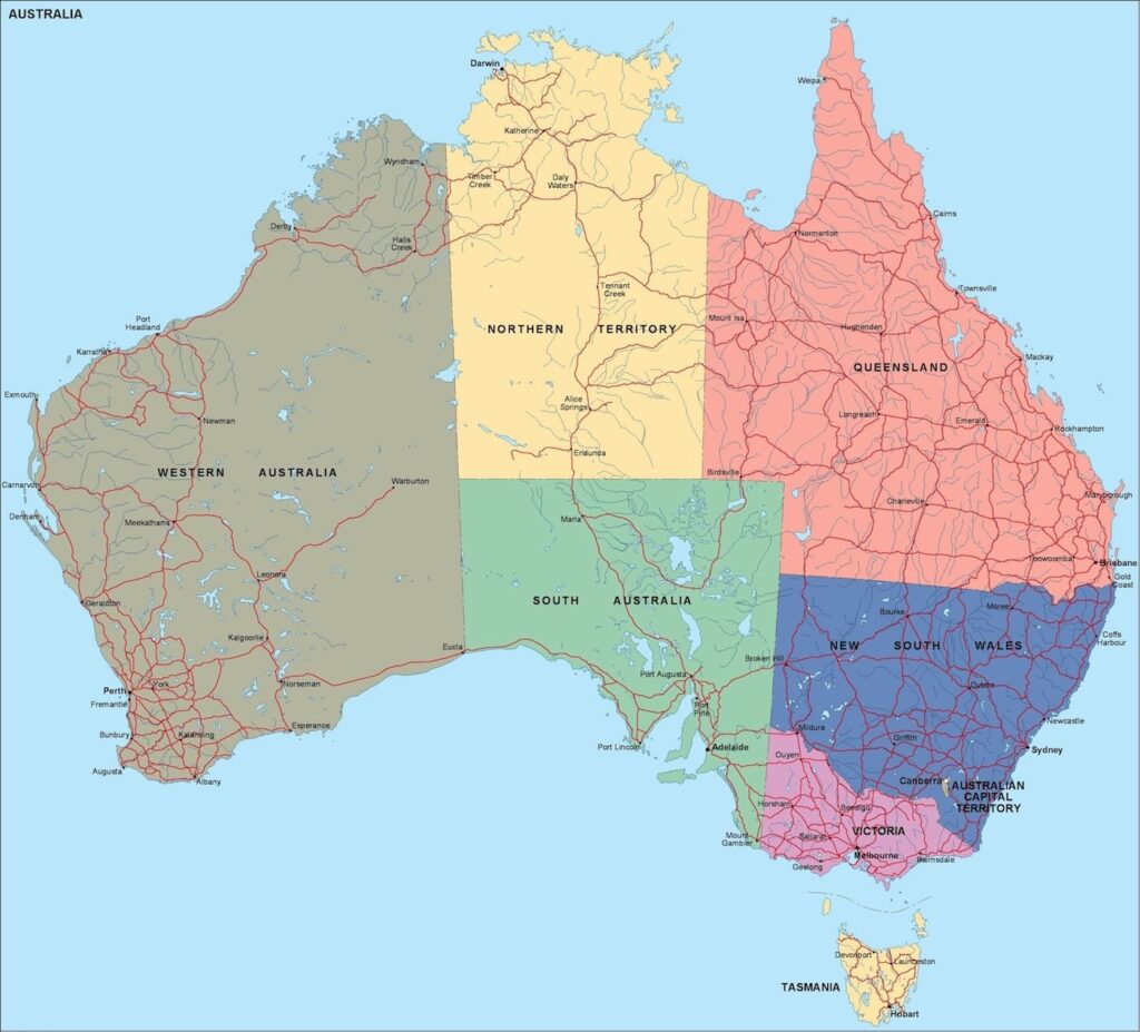 Carte politique de l'Australie.