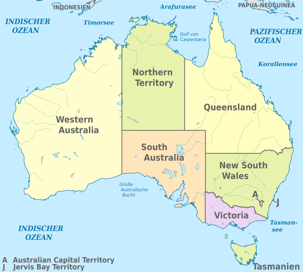 Carte des États et territoires australiens.