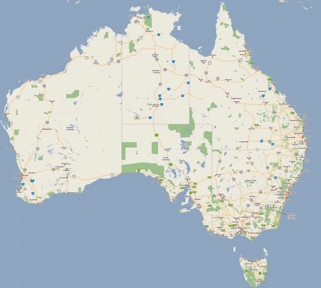 Carte routière de l'Australie.