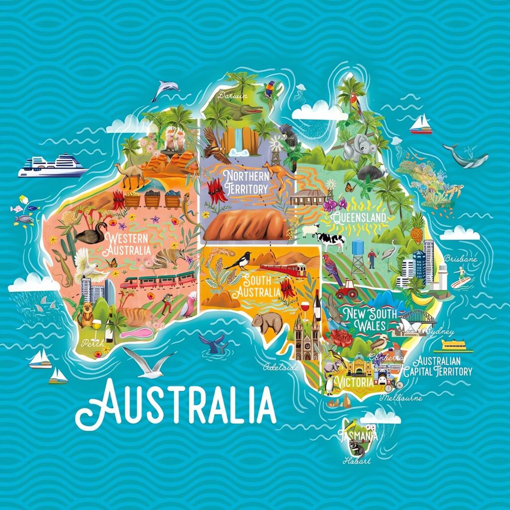 Carte touristique picturale de l’Australie.