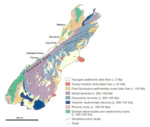 Carte géologique simplifiée de l'île du Sud de la Nouvelle-Zélande.