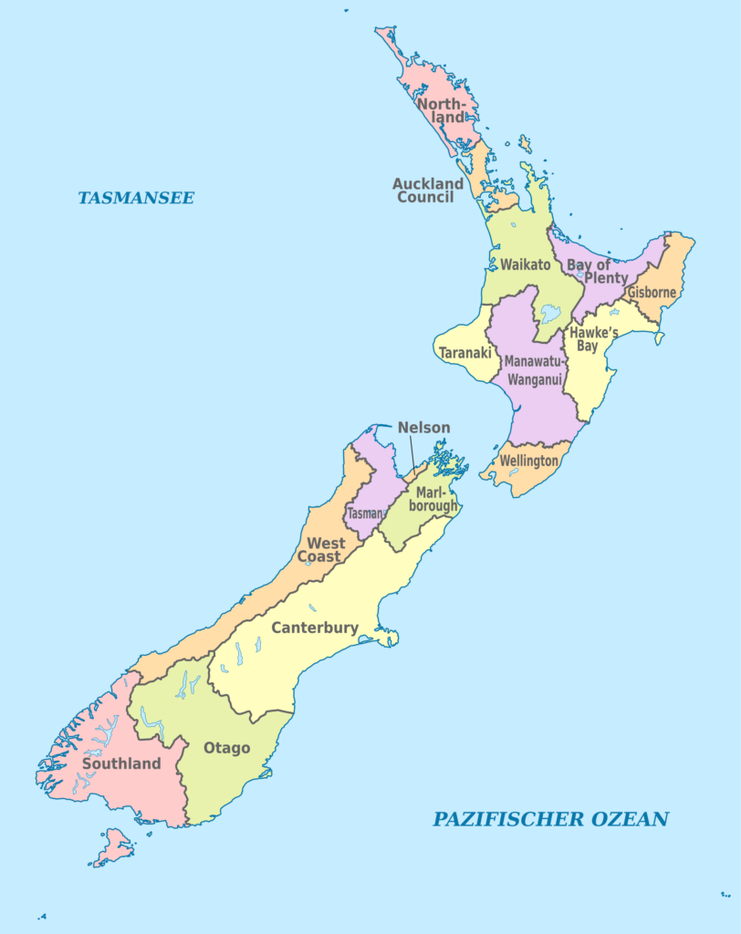 Carte des régions de la Nouvelle-Zélande.