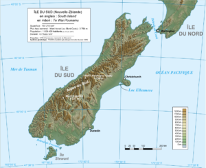 Carte topographique de l'île du Sud de la Nouvelle-Zélande.