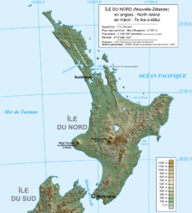 Carte topographique de l'île du Nord de la Nouvelle-Zélande.